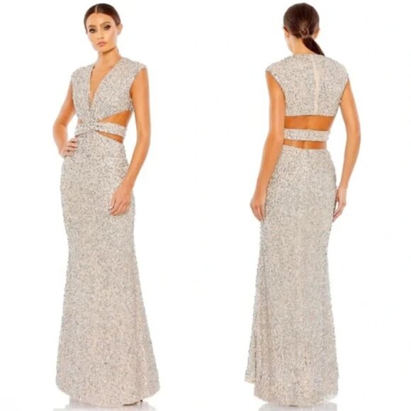 MAC DUGGAL Sequin Cutout Trumpet Gown in Nude/Silver Size US 10 NWT - Picture 1 of 10